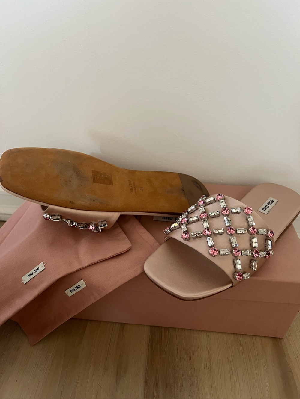 New Miu Miu Blush Pink Jeweled Crystal Slide Sandals Italy Size 39 - Picture 3 of 10